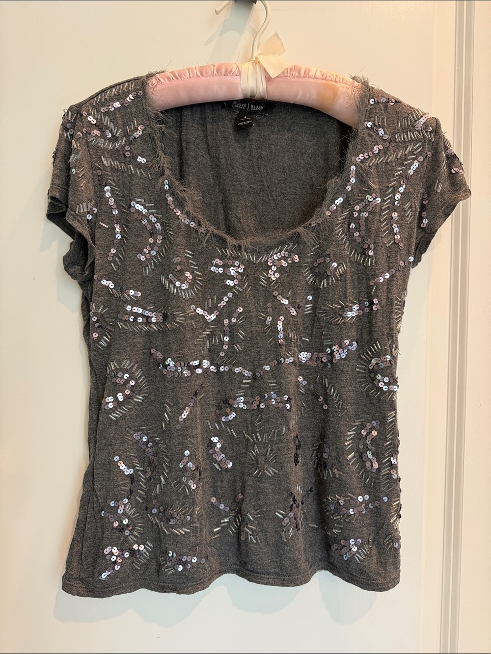 Rare White House Black Market Gray Silver Sequin Embellished Short-Sleeve Tee S